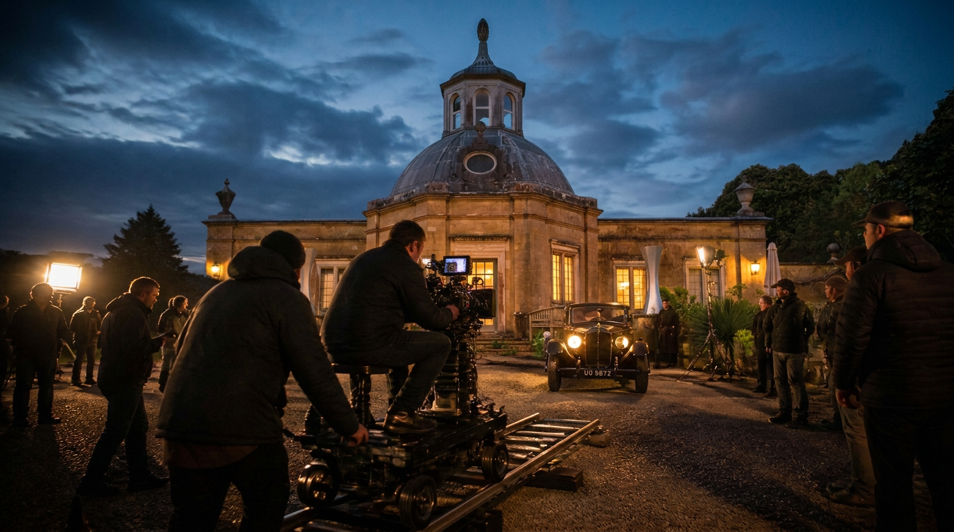 Film crew on location at the estate at dusk.