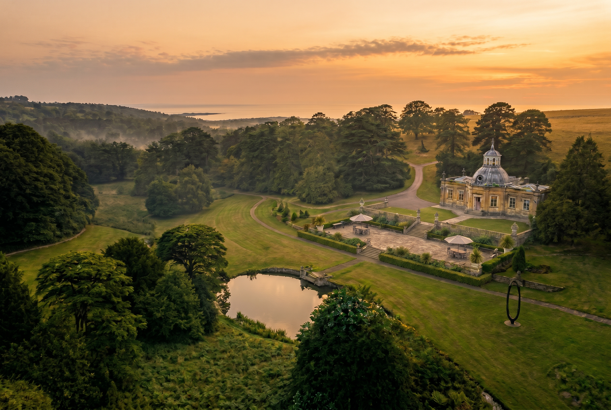 Dawn light over the estate house, Capability Brown lake and parkland.