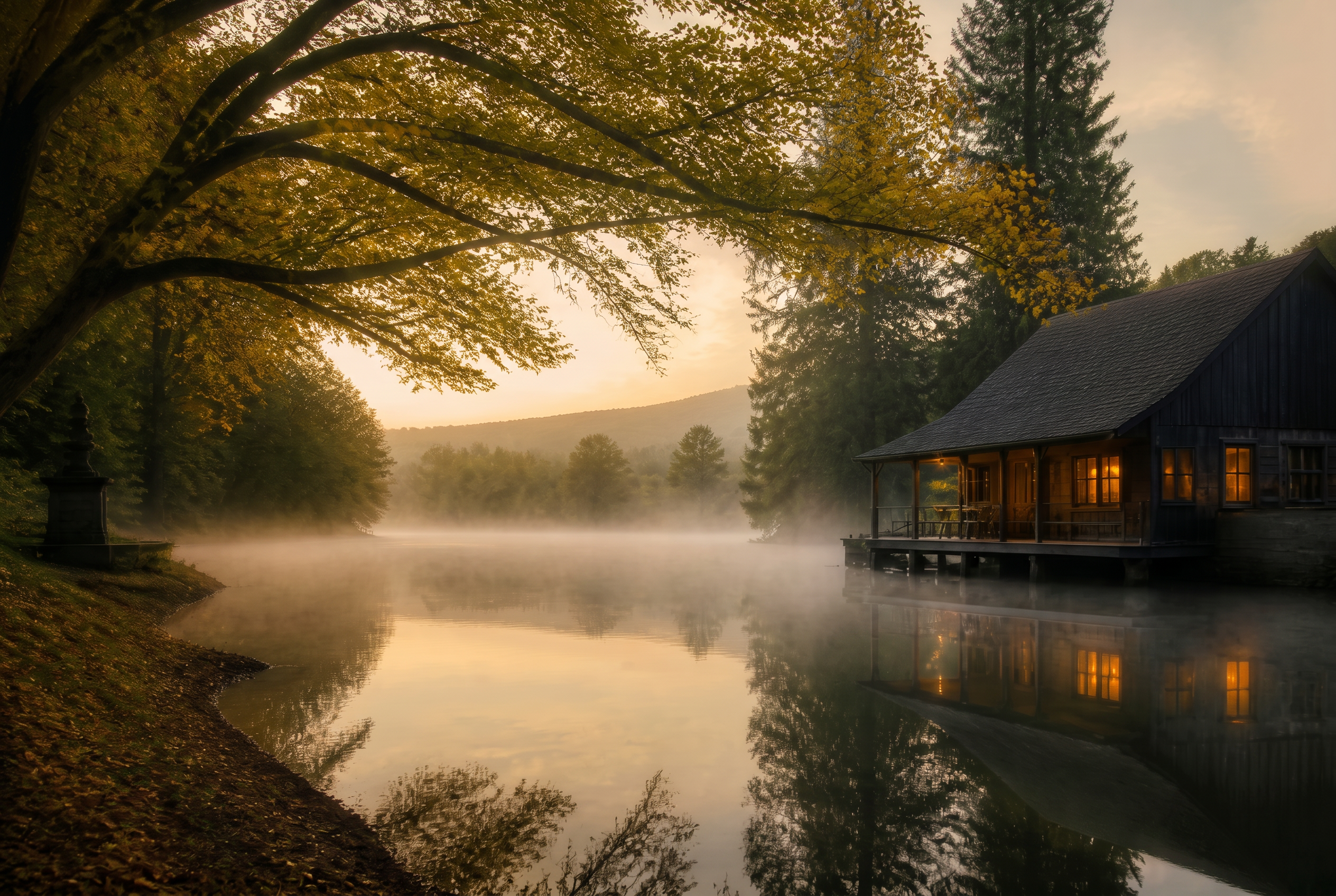 Wooden Lakehouse lodge hovering over a still lake at dawn.