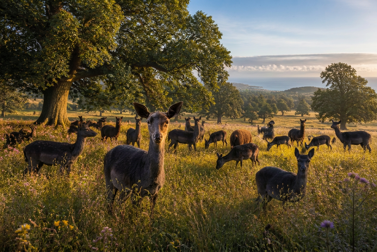 Wild black fallow deer and badger-faces in rewilded parkland with a distant sea view.
